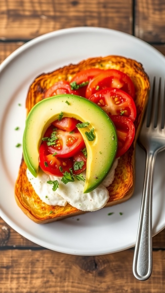 Savory French toast with avocado and tomato on a rustic plate.